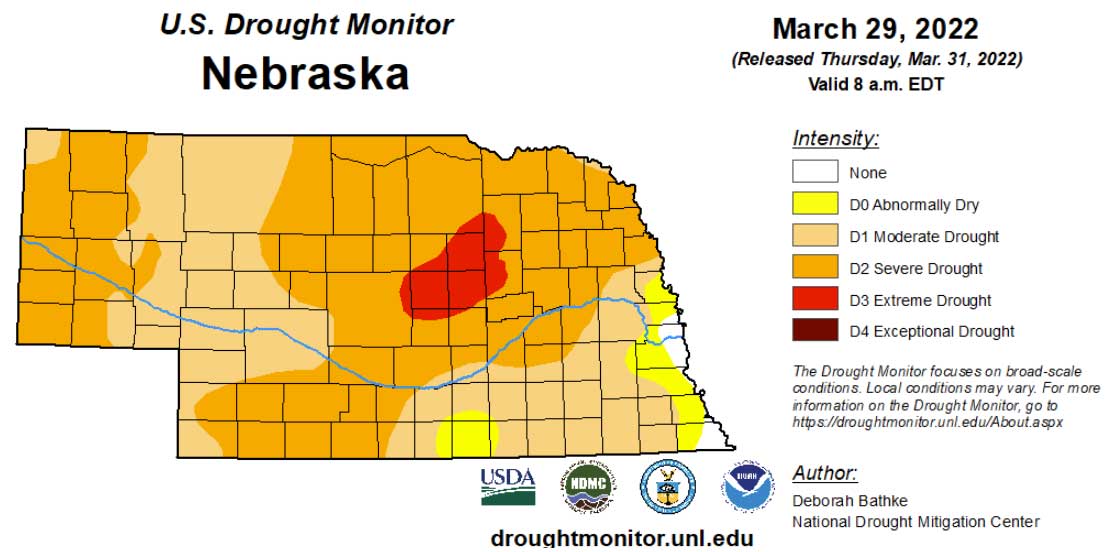 Nebraska drought map for March 31, 2022. 